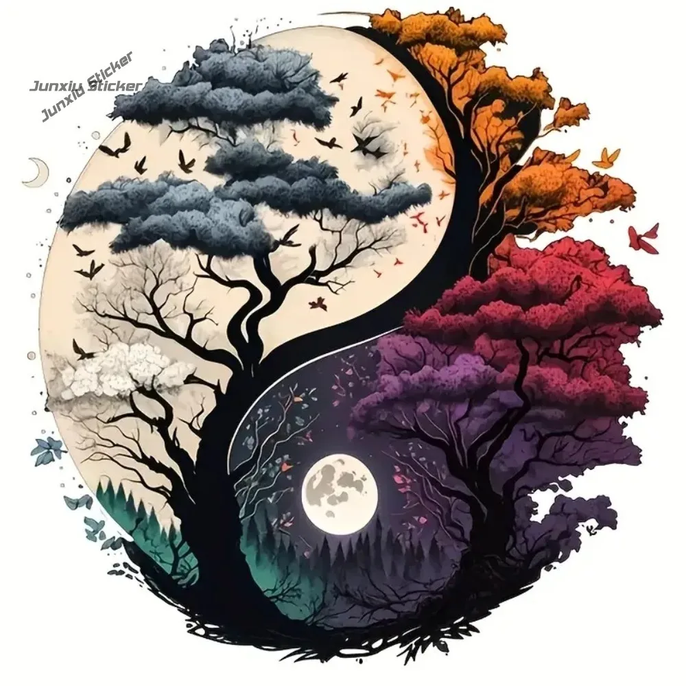Yin-Yang Nature Balance Vinyl Decal Sticker Glitter Self-Adhesive Cartoon Fantasy Design with Trees, Birds, Wall Decor