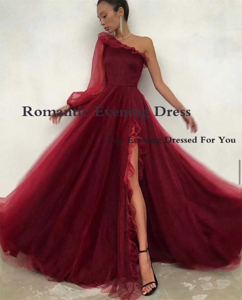 Romantic A Line Black Tulle Evening Dress Store One Shoulder Sleeve Side High Slit Fairy Long Prom Gowns Formal Party Invite