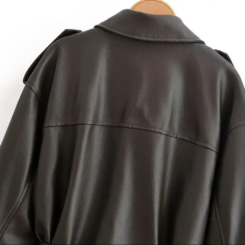 Diyigwoman autumn 2025 new fashion imitation leather with belt jacket retro long sleeve Joker lapel coat Outerwear Mujer