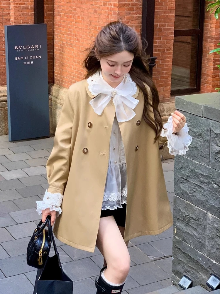 

Autumn Japanese Sweet Chic Y2k Vintage Lace Loose Doll-neck Trench Coat Design Kawaii Bow Solid Fashion Outfit Woman Clothing