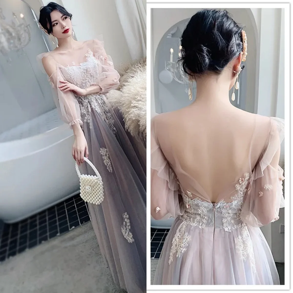 

Evening Dress Champagne Gray Tulle Appliques Illusion Full Sleeves A-line Floor length Plus size Women Party Formal Gown Vestido