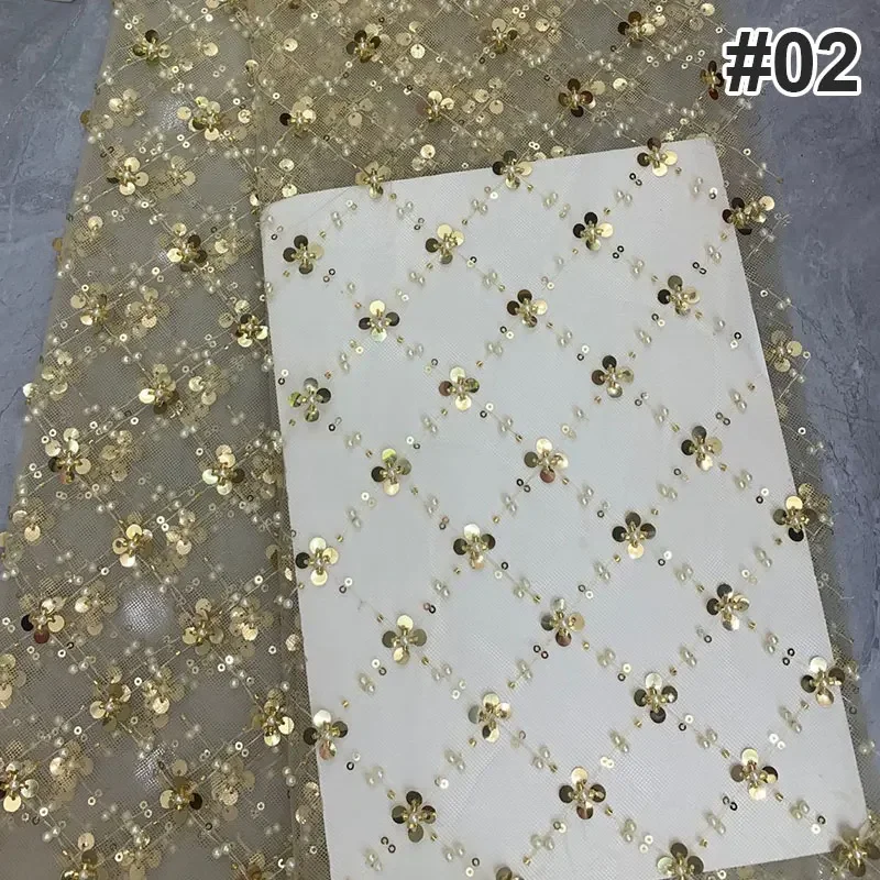 

Gold African Tulle Lace Fabric 2024 French Net Sequins Fabric Wedding Party Evening Dress Sew Embroidery with Beads Mesh Fabric