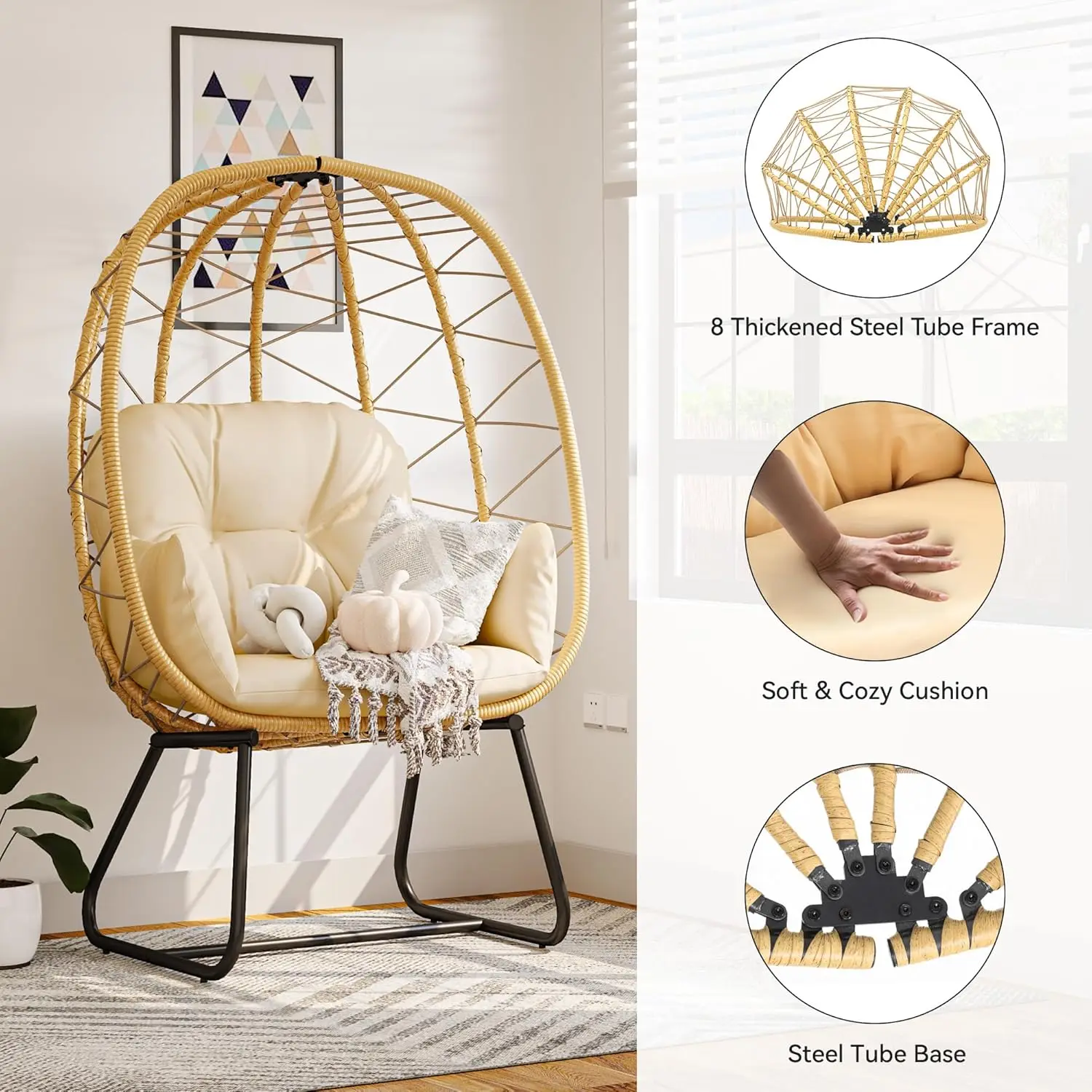 Silla para huevos con soporte, salón para huevos para interiores y exteriores con cojín, silla de mimbre, silla de ratán PE incluida para Patio, jardín