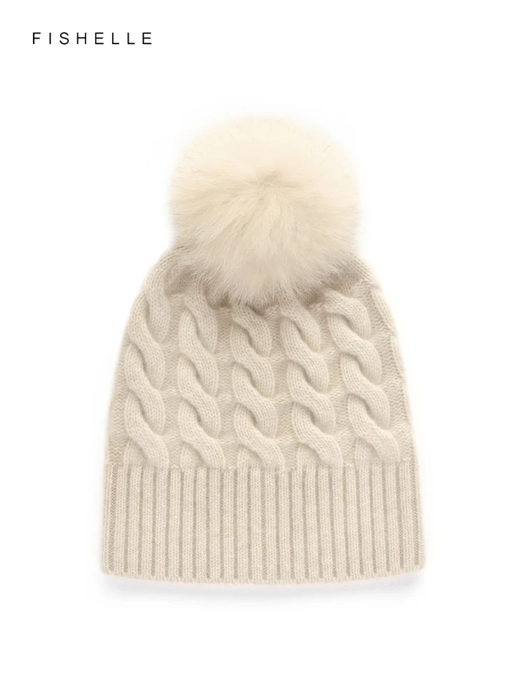 New Cream Beige Cashmere Hat Women\'s Winter Thickened Warm Knitted Woolen Beanie Fox Ball Pure Cashmere Cap Female Luxury Gifts