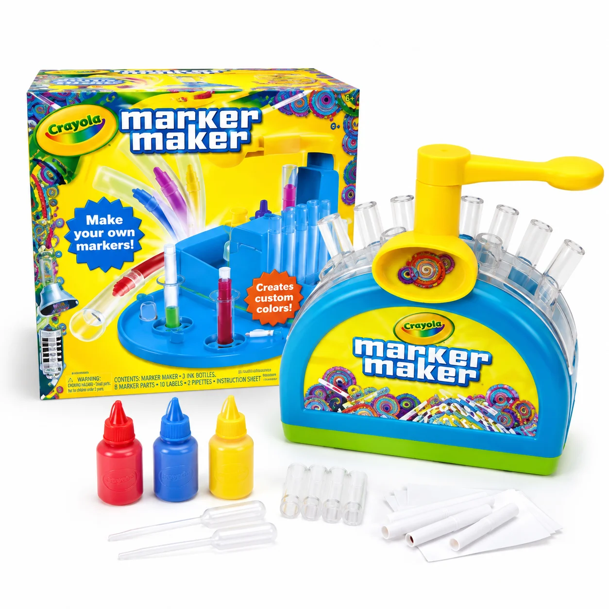 crayola-marker-maker-·3-flacons-d'encre-2-boites-de-marqueurs-2-tubes-de-mesure-tableau-de-melange-·pince-a-epiler-·16-ensembles-de-pieces-de-marqueurs-74-7054