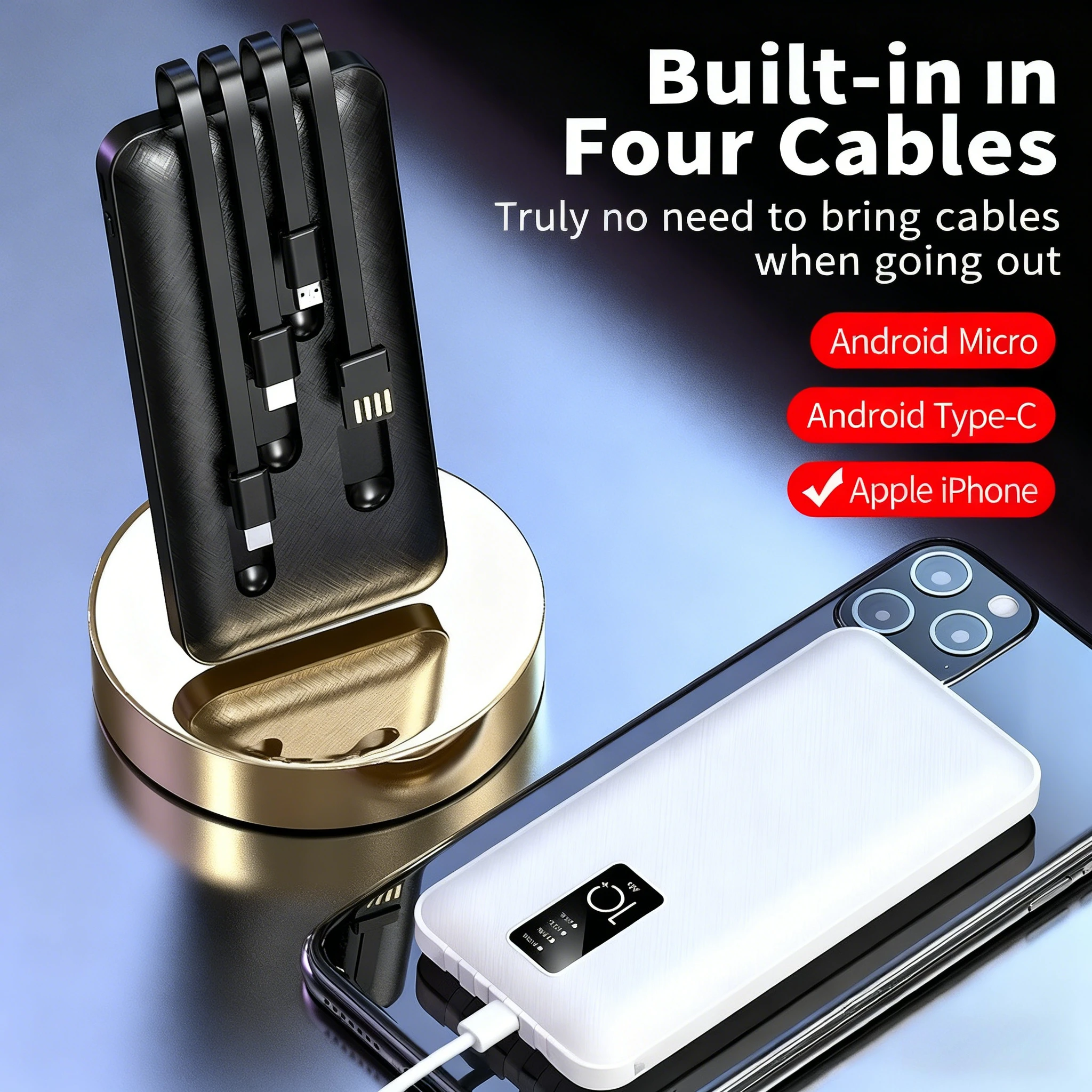 

Power Bank емкостью 20000 мАч со встроенным кабелем Ультратонкое портативное зарядное устройство большой емкости с технологией быстрой зарядки