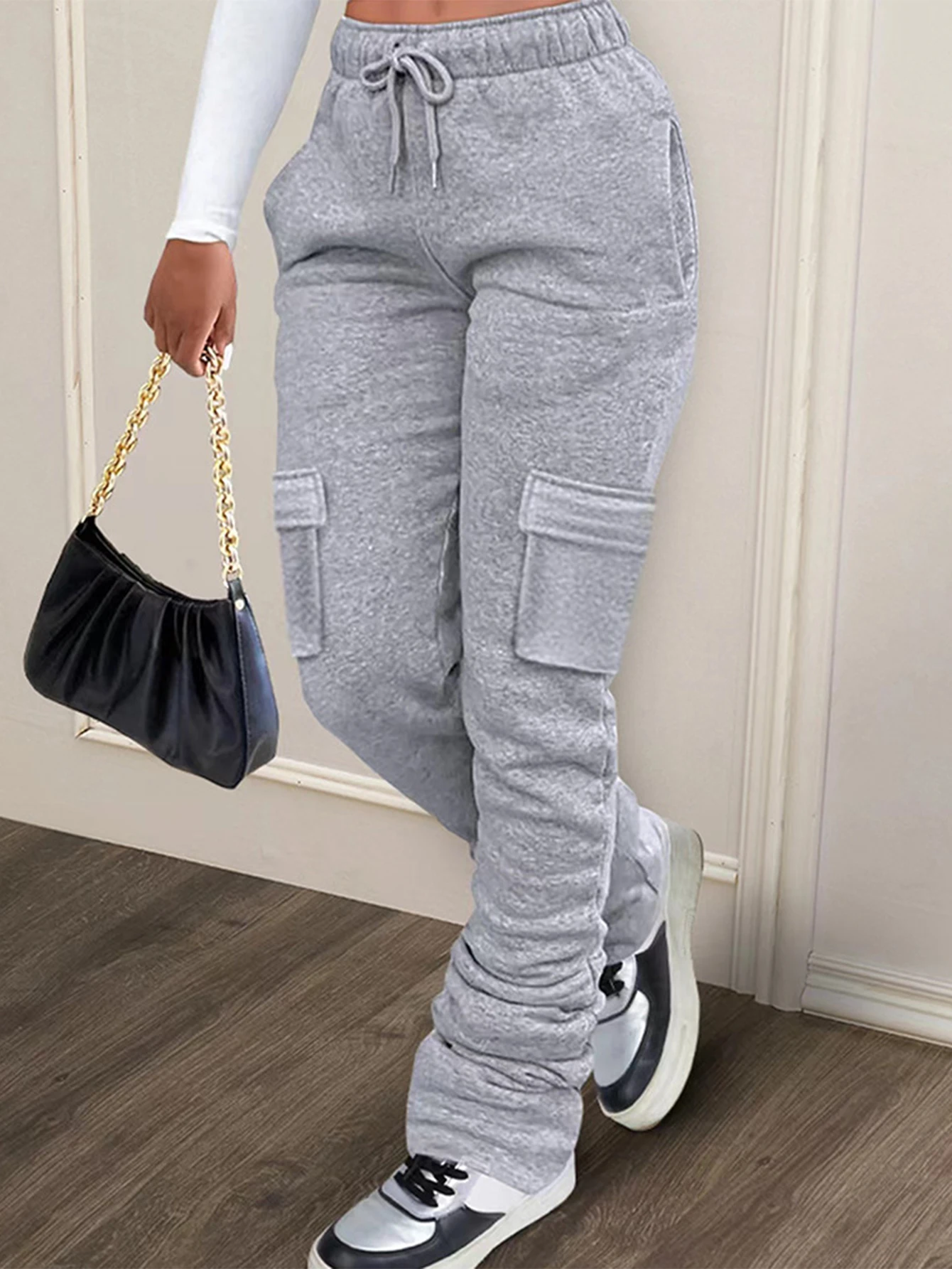 سراويل نسائية عالية الخصر للكاحل للخريف والشتاء كاجوال أساسية بلون سادة وجيوب عصرية يومية #6