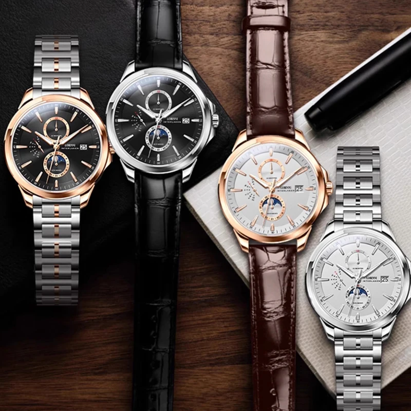 LOBINNI Designer Männer Automatische Mechanische Uhren Mondphase Datum Woche Männer Armbanduhr Wasserdicht Saphirglas Uhren