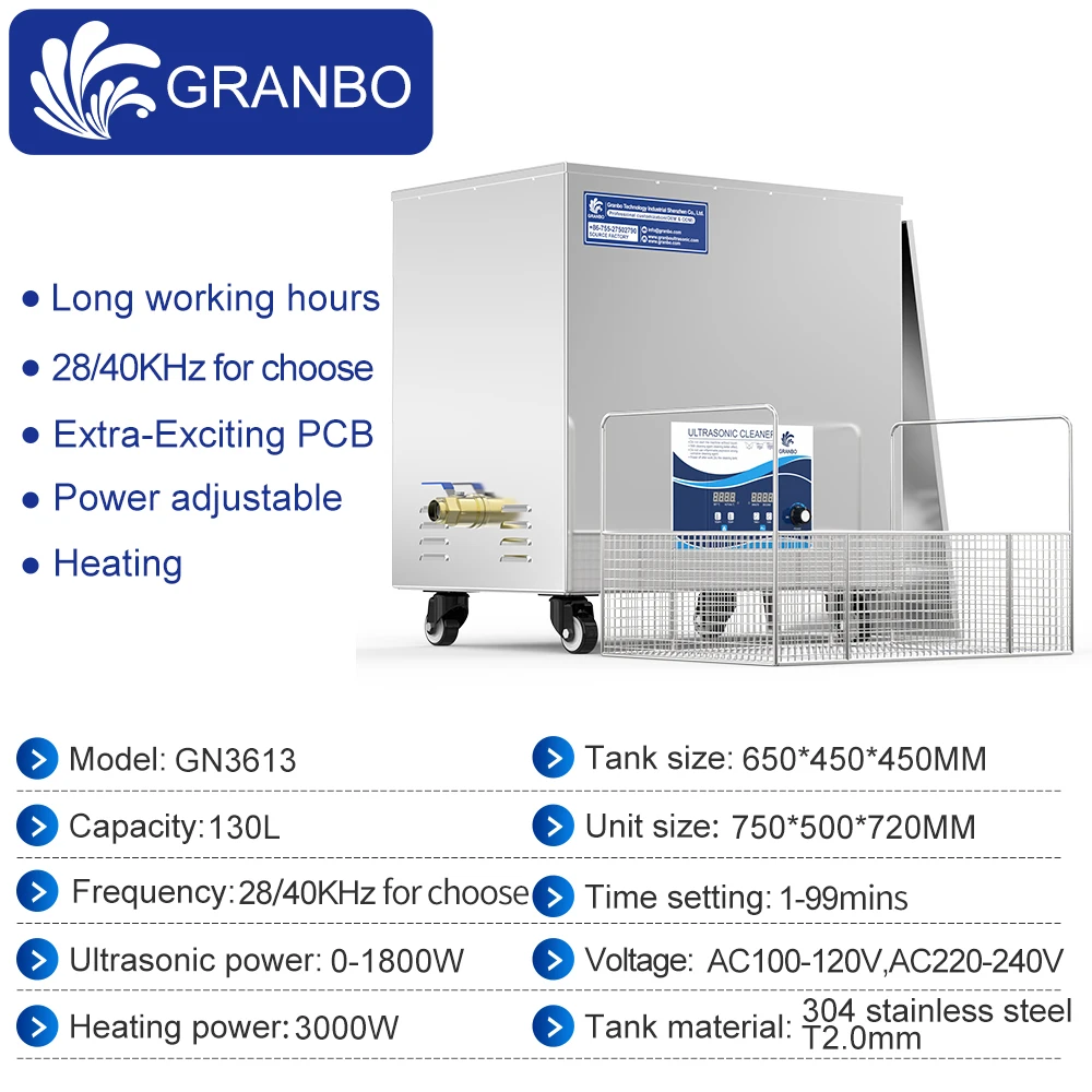 Granbo Industrial Ultra sonic Cleaner 130L 1800W 28/40KHz Ultrasound Cleaner Machine for Heavy Duty Auto Motor Cleaning