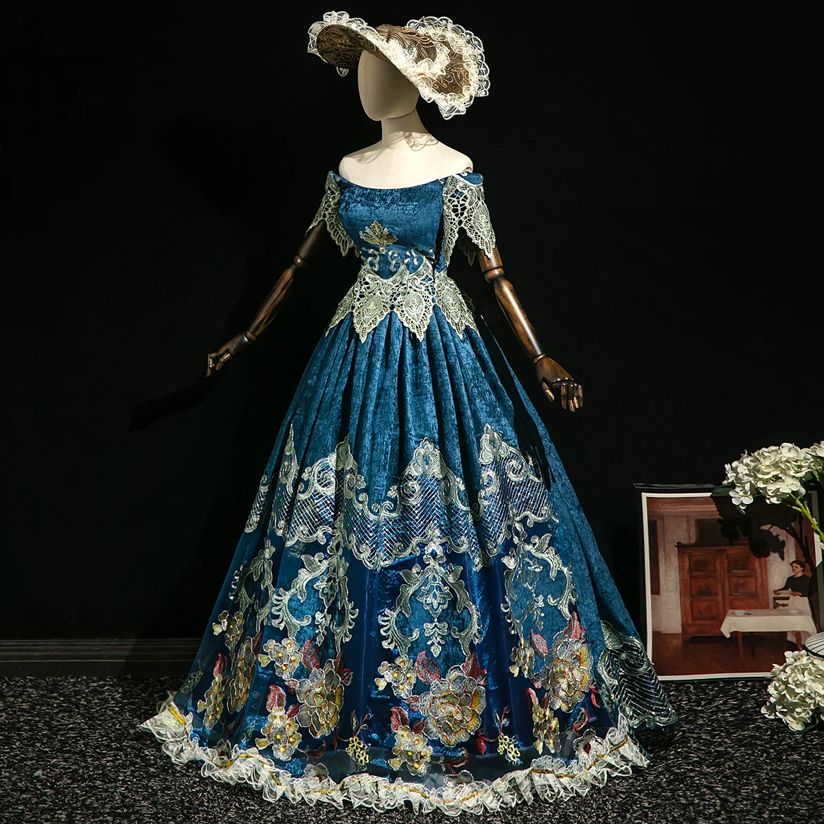 victorian style evening dresses Ball Gown V-Neck 3/4 Length Sleeves Floor-Length Victorian Party Cosplay Costume Masquerade Rococo Prom Dress, One-Size / Blue