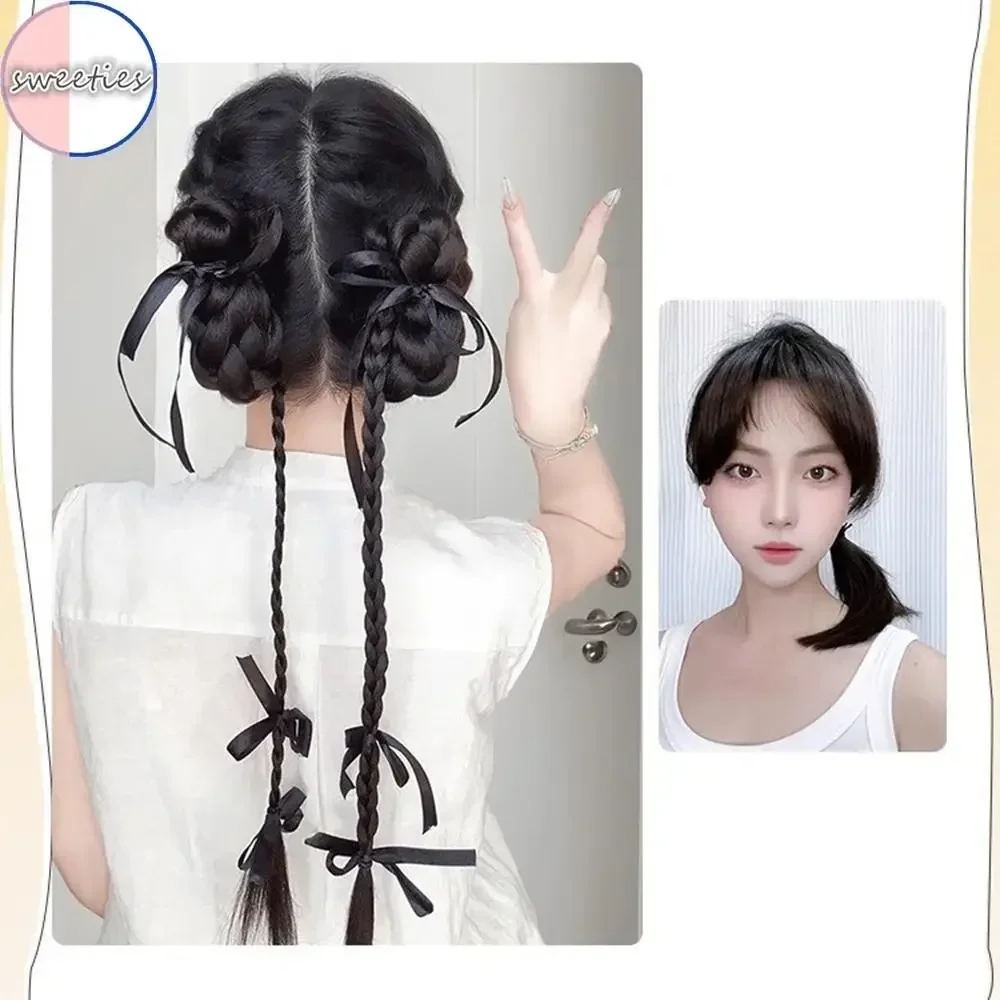 2PC synthetic Ballet Style Simulation ribbon bowknot Twists Braid Ponytail Wig Coiled Hair horsetail wigs Hair Extension