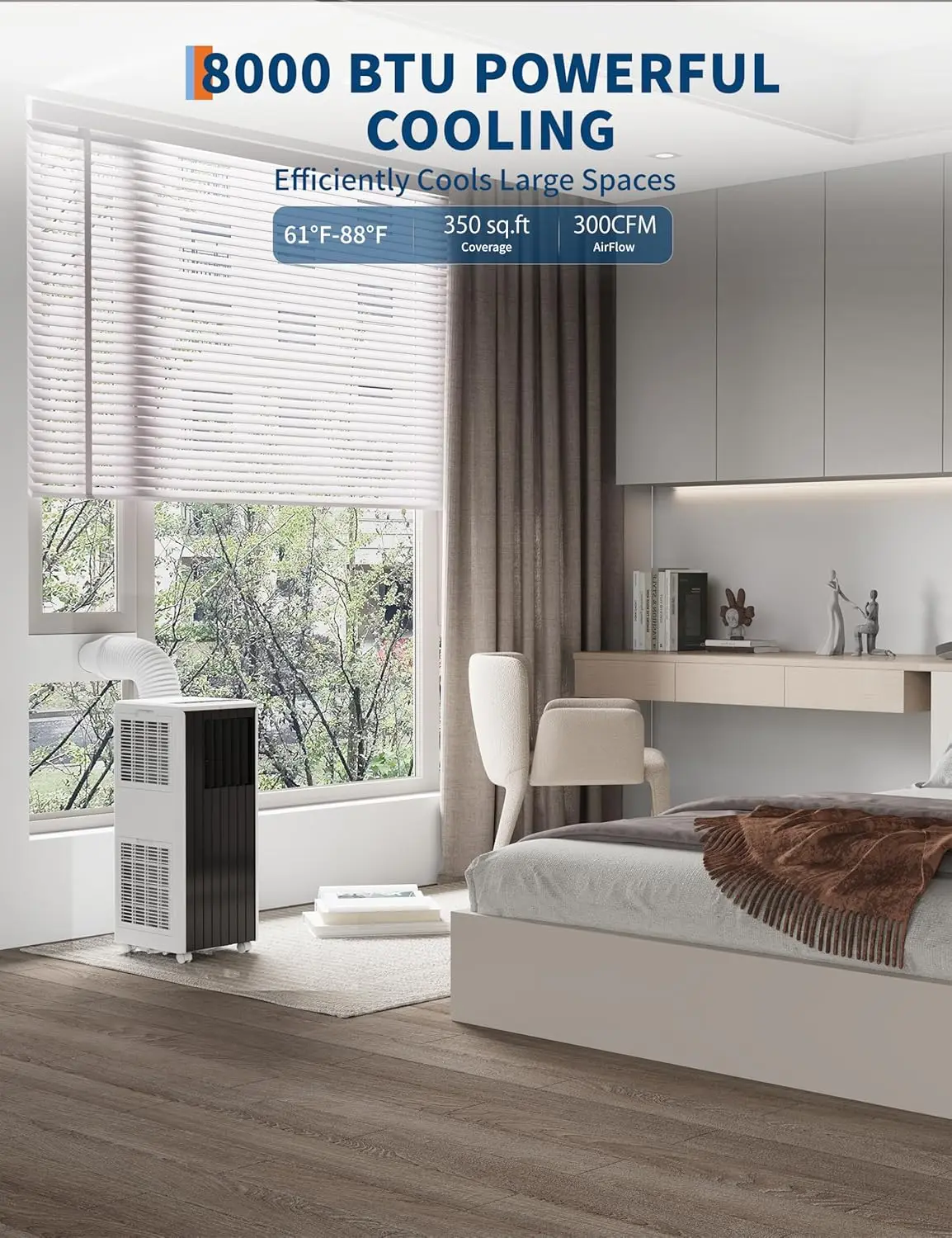 8,000 BTU Portable Air Conditioners, 4-in-1 Modes Up to 350 Sq.Ft., Portable AC Unit with Cool, Fan, Dehumidifier, Sleep, Remote Control, 24H Timer, Quiet Operation, for Bedroom, Office, Dorm Rooms