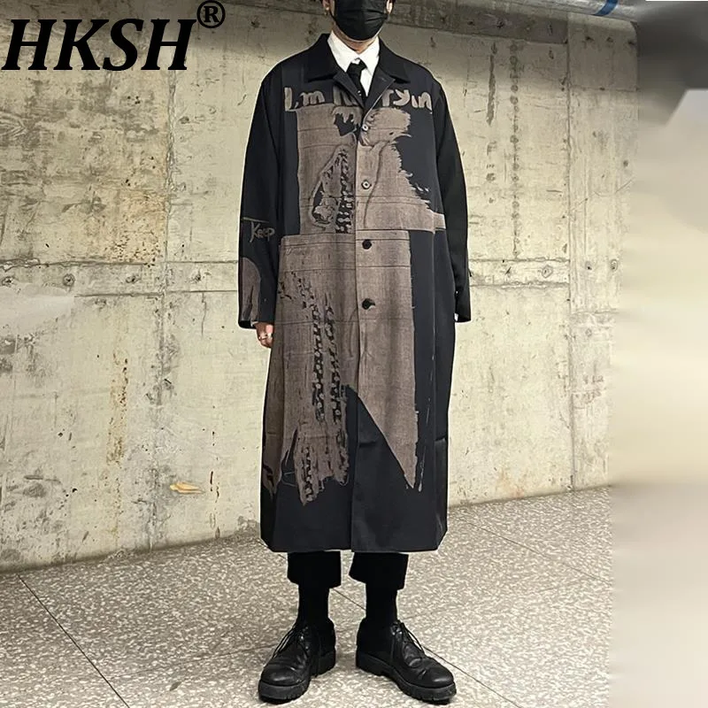 

HKSH Autumn New Men Tide Punk Original Dark Style Reversible Silk Tie-Dye Vintage Wool Trench Coats Chic Ins Windbreaker HK15446