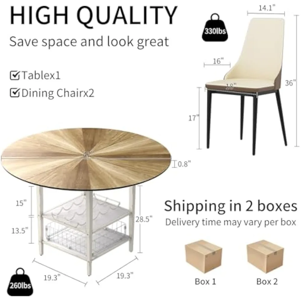 47 Inch Round Dining Table Set, Modern Wood Dining Table with Double Storage Rack, 2 Person Dining Table and Chair Set for Kitc