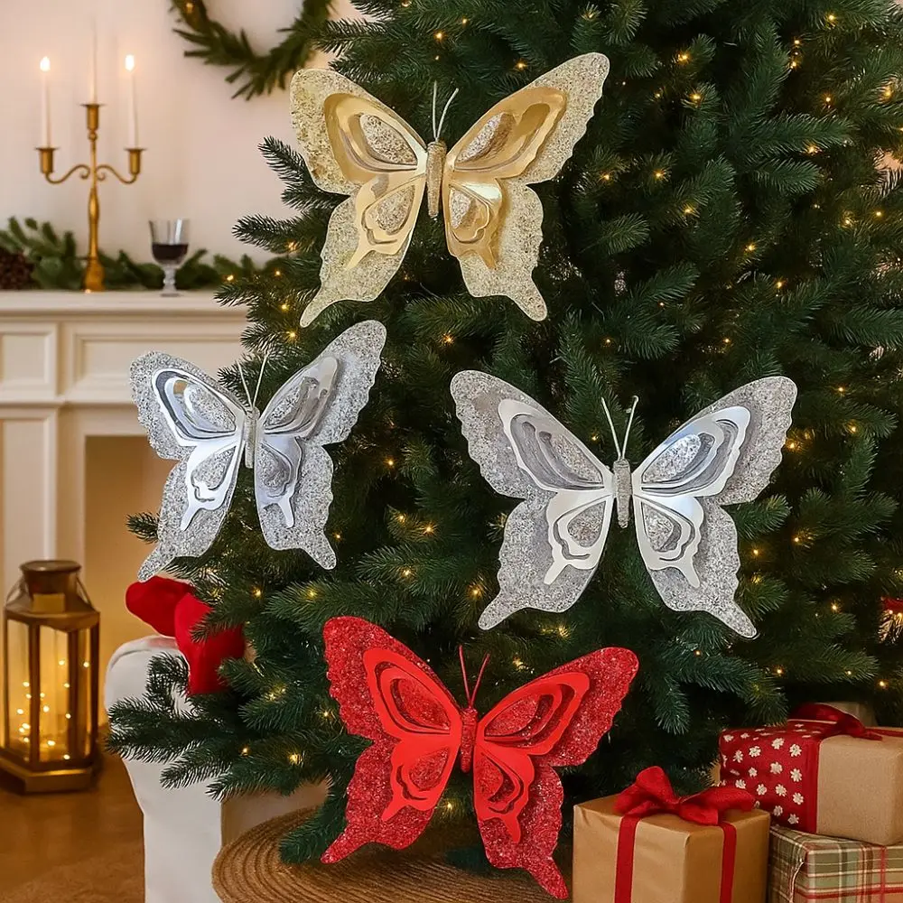 

Glitter Christmas Butterfly Pendant with Clip Realistic Artificial Butterfly Ornaments Reusable Colorful Xmas Tree Decoration