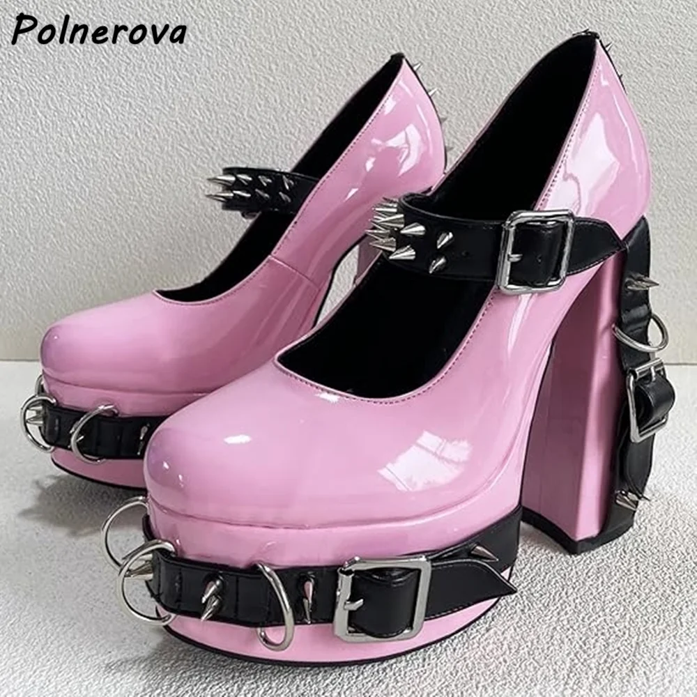 

Black Pink Rivet Buckle Pumps Platform Patchwork Leather Chunky Heels Metal Dark Punk Shoes Sweet Fashion Shallow Shoes 2025