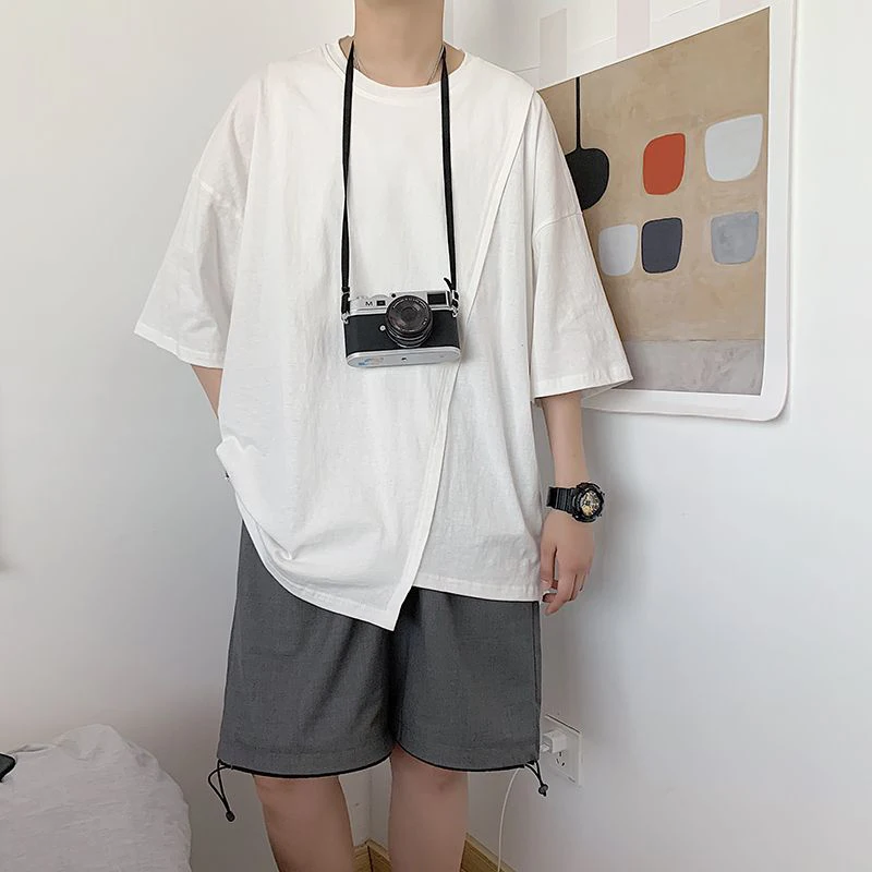 Summer Harajuku O Neck Short Sleeve Men Sweatshirts Hem Split Fork Spliced Fashion Cool All-match Oversized T Shirts Black White