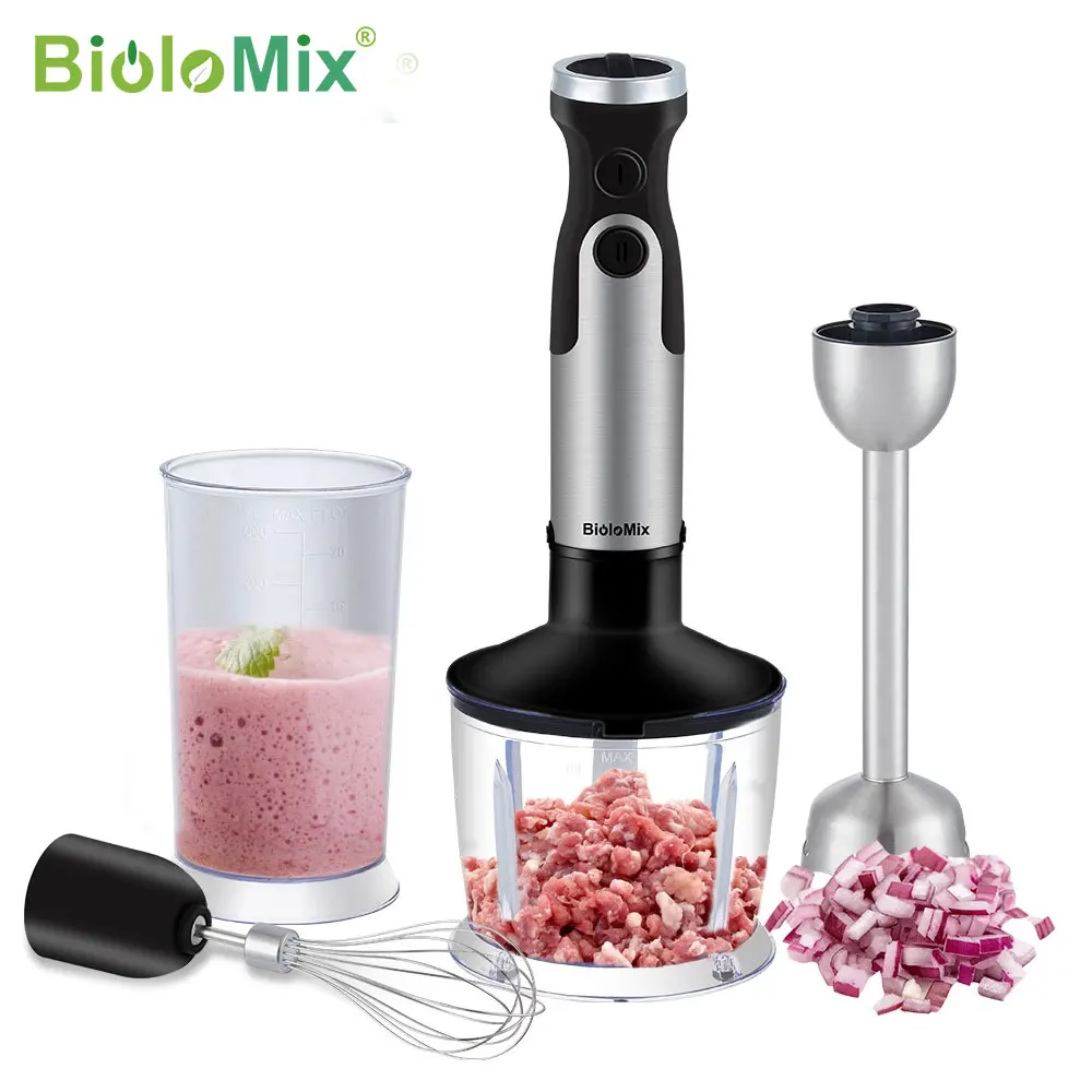 Biolomix 핸드 스틱 블렌더, 4 in 1, 1200W 침수 믹서, 푸드 프로세서, 6 속도 제어, 800ml 초퍼, 거품기, 600ml 비커