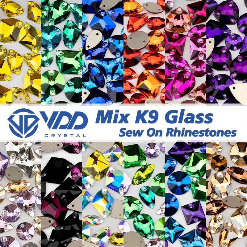 VDD 20/50Pcs Mix Size AAAAA K9 Glass Sew On Rhinestones Sewing Crystal AB Flat Back Stones For Clothes Accessories Wedding Dress