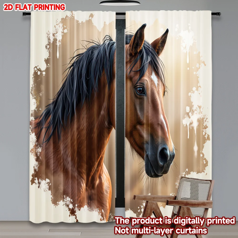 

2D flat printing 2pcs Window Curtains Brown Horse Portrait Digital Printed Polyester Drapes Party Decorations for Photo Booths &
