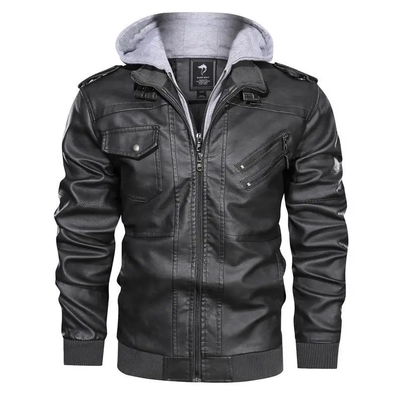 Spring Autumn Motorcycle Leather Jacket For Men Slim Fit Zipper Retro PU Coat Casual Fake Two Piece Hooded Leather Jacket