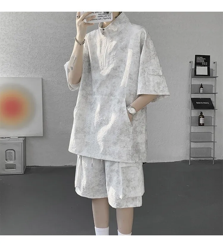 2026 Sommer Hong Kong Style Halb-Reißverschluss-Färbe-Set aus Eisseide mit Kühlfunktion, zweiteiliges Sportswear-Outfit im Hanfu-Stil mit kurzen Ärmeln – Detail 10