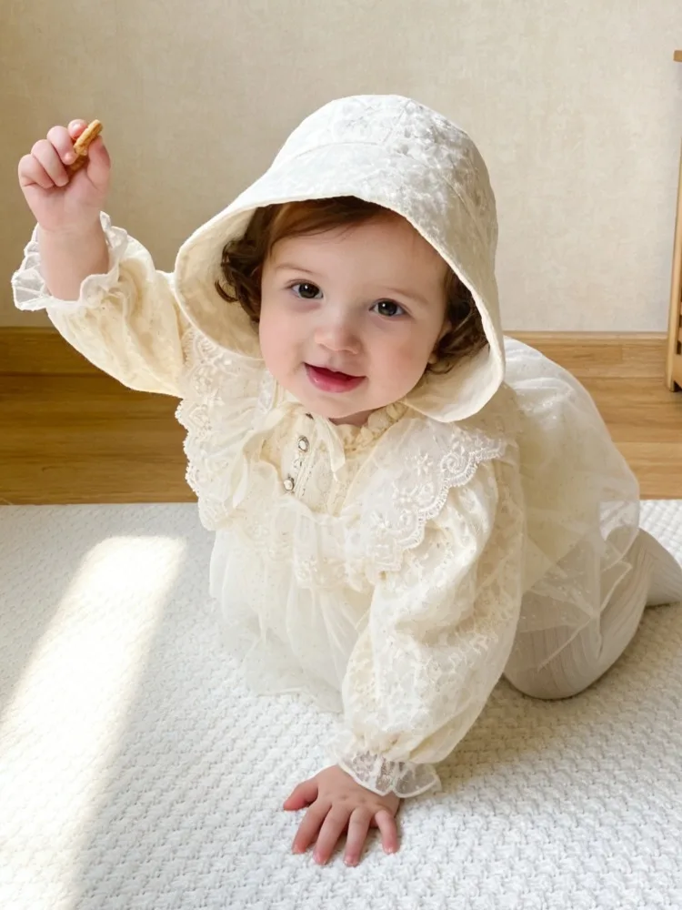 

Cute baby clothes autumn baby girl princess jumpsuit one year old dress O-neck Solid Full flared sleeve mesh dress Rompers