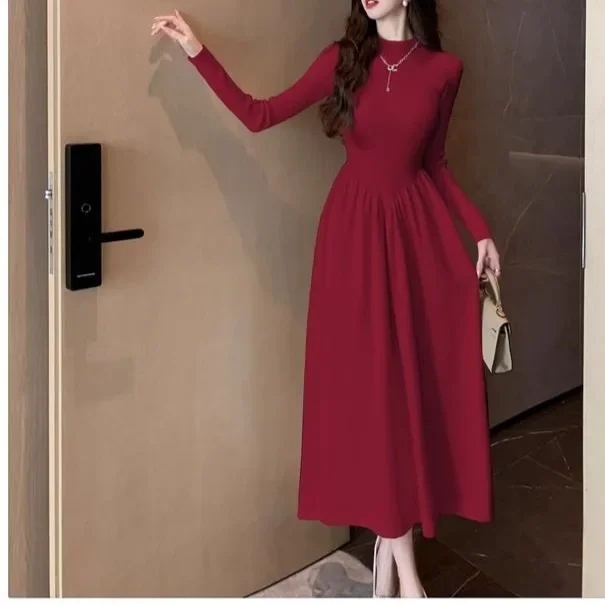 フレンチスタイルハイカラー長袖ニットドレス女性秋冬コートインナーウエストシンチングマキシスカート新着ファッション