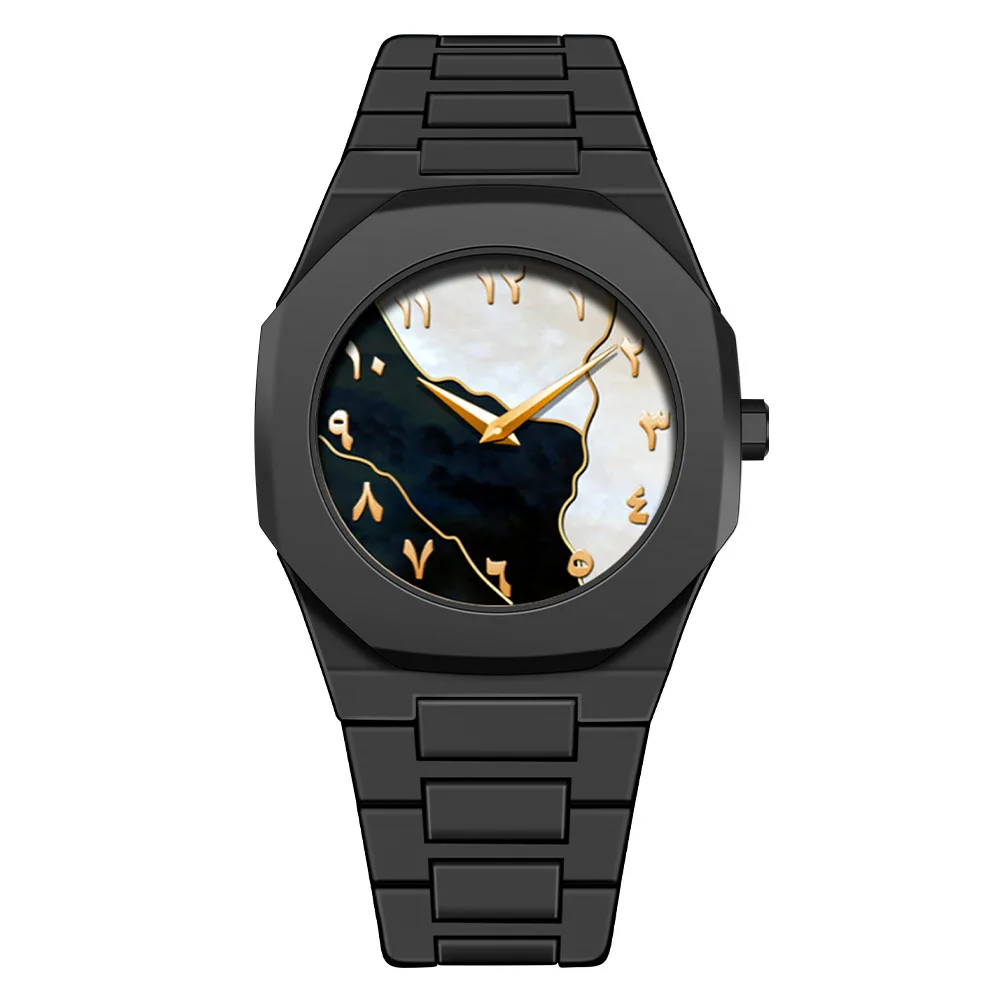 Klassiek Midden-Oosten Arabisch Cijfer Wijzerplaat Blauw Goud Quartz Horloge voor Heren Casual TPU Plastic Waterdicht Horloge Kan Aanpassen