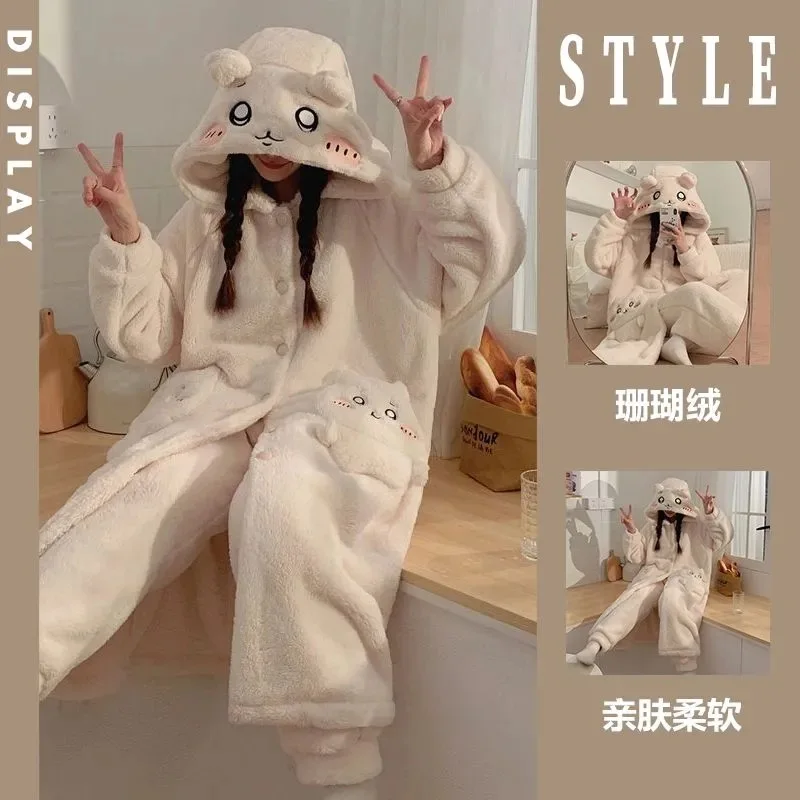 Y2K Kawaii Chiikawa المرجان المخملية مقنعين منامة الفتيات Hachiware Usagi المرأة المخملية ملابس المنزل الخريف الشتاء الدافئة لطيف هدية #6