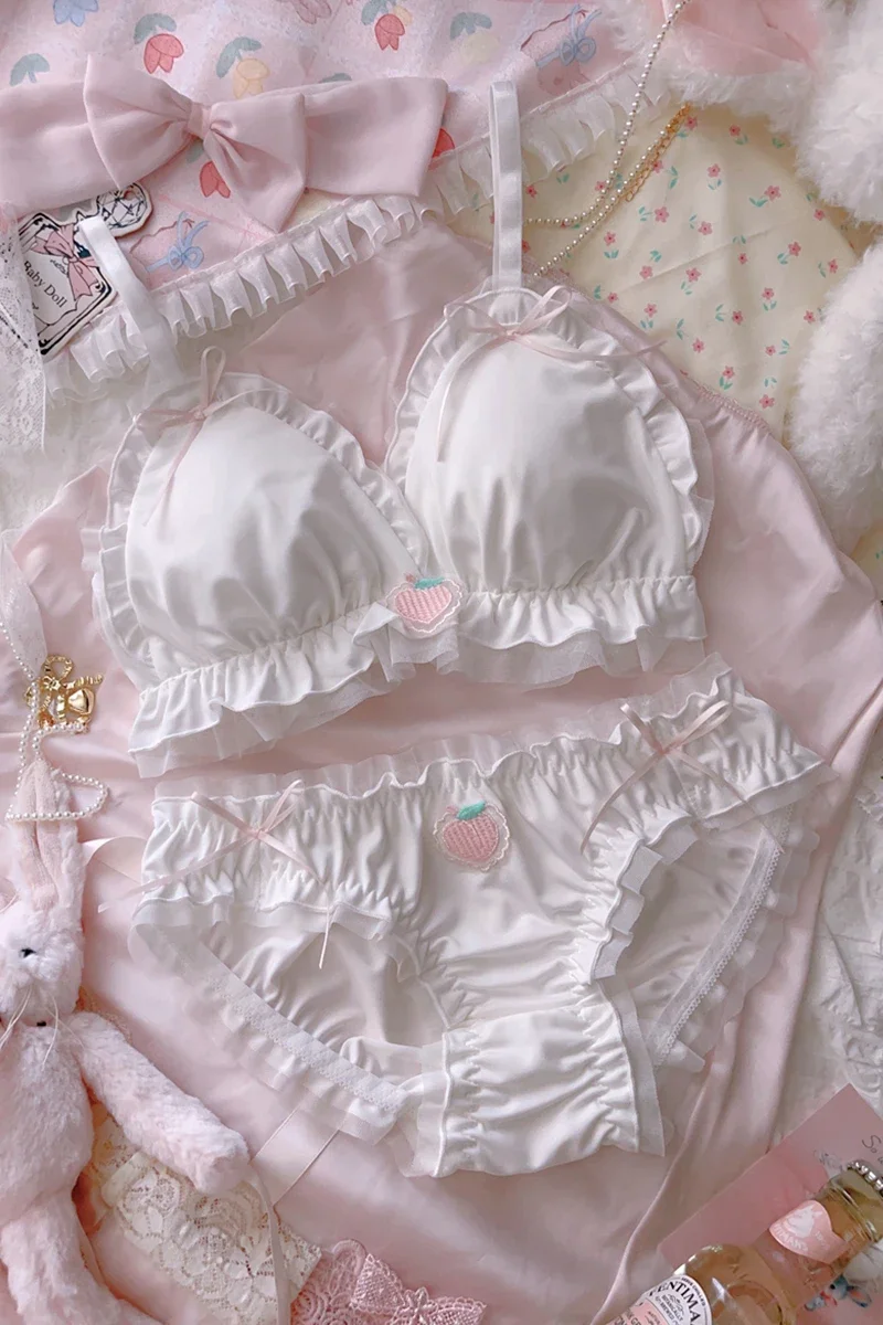 Fairy Japanese Lolita Girl Underwear Cute Peach Bra & Panties Set Underwear Sweet Kawaii Lace Comfortable Lovely Lingerie Brifes