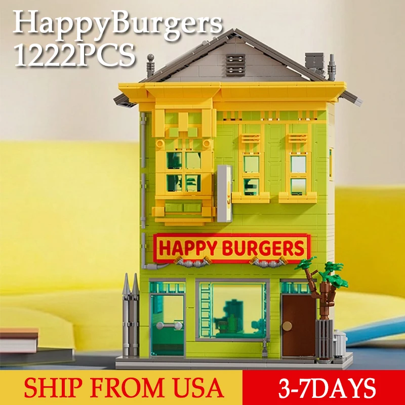 

Набор строительных блоков Happy Burgers из 1222 деталей, модель MOC «Вид на улицу», конструктор, украшение, идеальный подарок на праздники