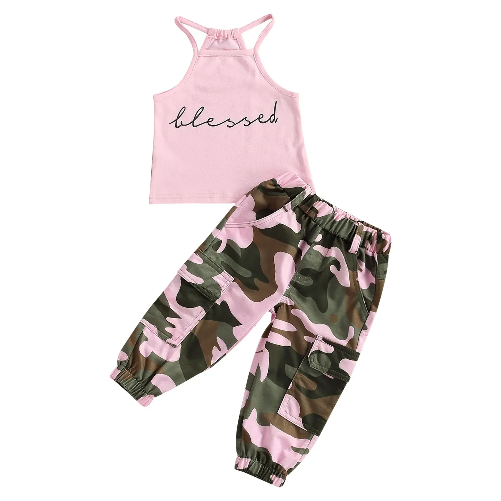 

Baby Girl 2Pcs Clothes Set: Sleeveless High Neck Halter Tops + Camouflage Long Pants