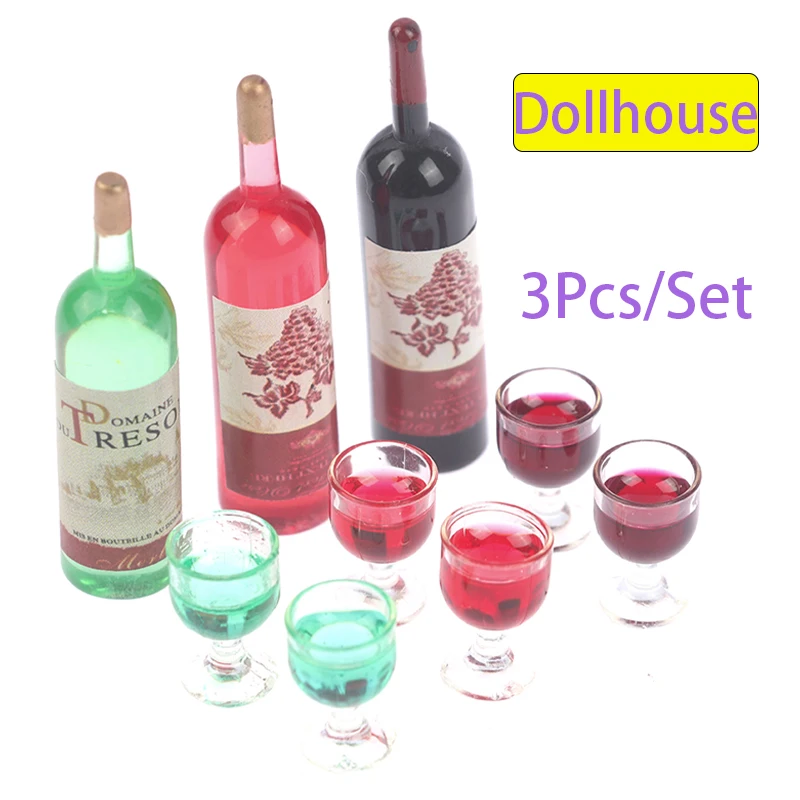 3pcs/set Dollhouse Miniature Simulation Wine Bottle Wine Glass Model Toys Desk Decoration Decorations For Kid