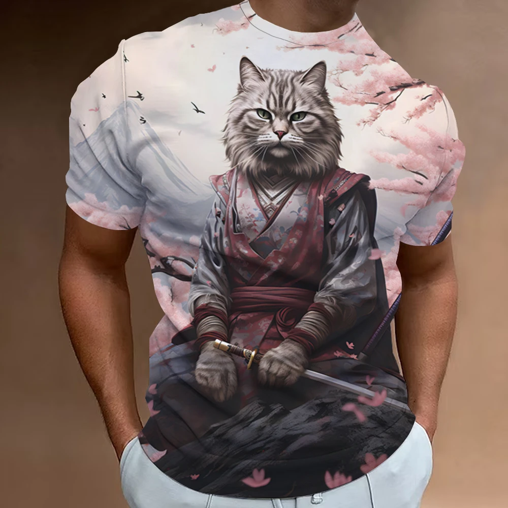 New Retro Men\'s T-Shirt 3d Samurai Cat Print Short Sleeve T-Shirt For Men Fashion Oversized Man Clothes Quick Dry Tees Tops 2024