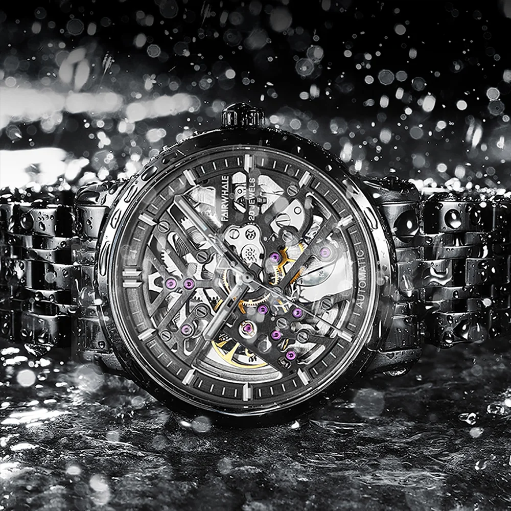 Reloj de Pulsera de Moda con Movimiento Automático para Hombre Mark Fairwhale 6040, Reloj Mecánico de Acero Negro con Esqueleto Luminoso e Impermeable