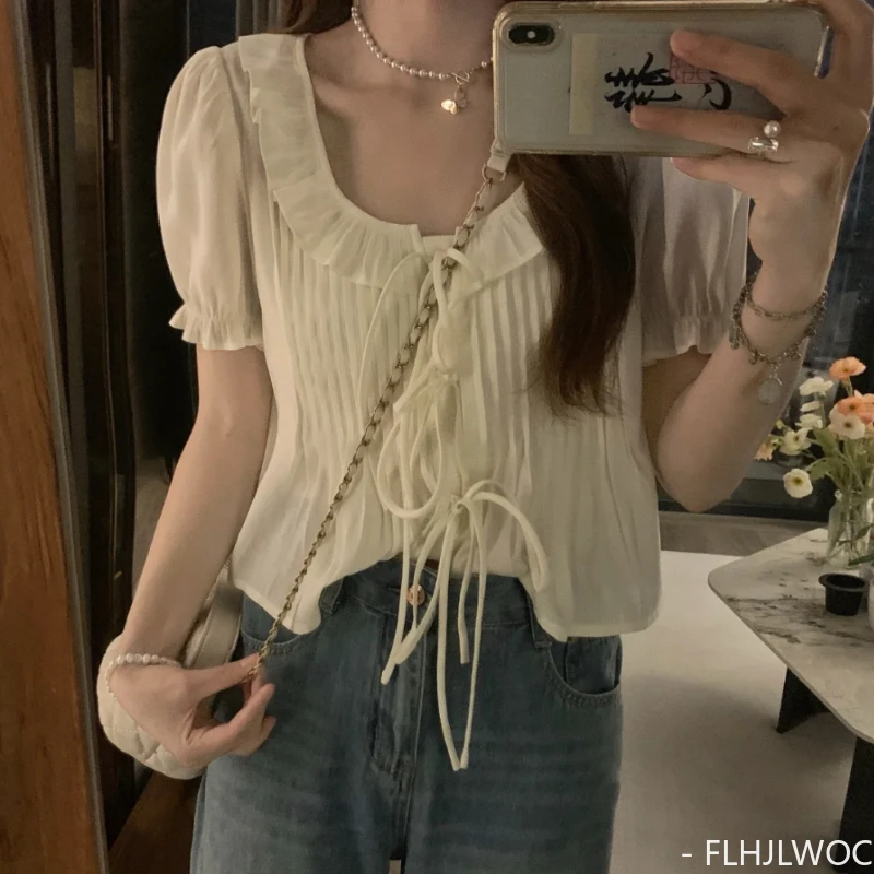 Ruffles Cute Peter Pan Collar Tops Blouses New Design 2023 Summer Women Chic Korea Casual Japan Girls Bow Tie Blouses