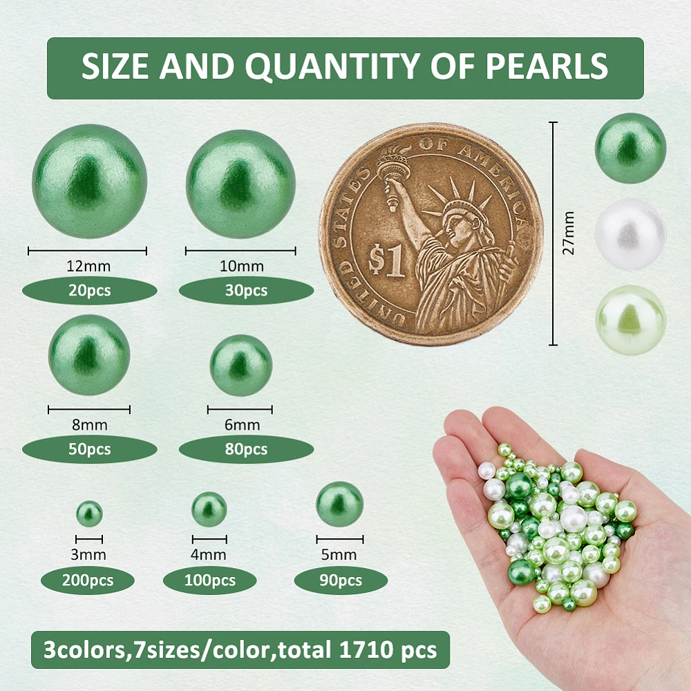 1710Pcs No Hole Pearls 7 Sizes 3-12mm White Green Bulk Pearls Pearl Beads Imitation Assorted Faux Undrilled Pearl