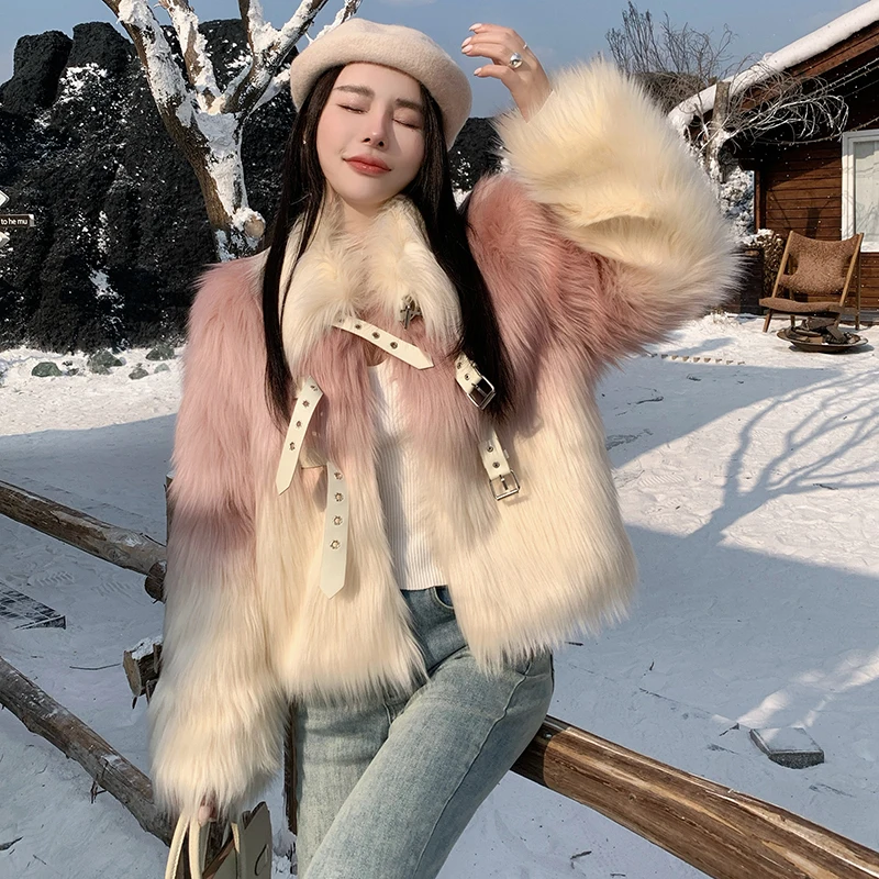 Luxus Winter Neue Frauen Tops Mantel Faux Pelz Warme Dicke Mäntel Elegante Farbverlauf Schnalle Design Streetwear Weibliche Jacken