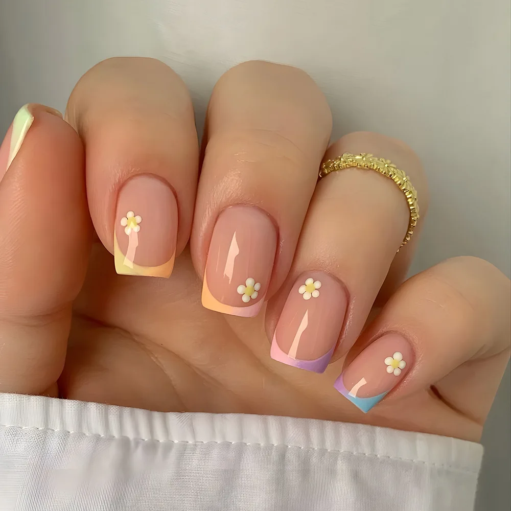 

24Pcs Short Nude Square Fake Nail Colorful French Simple Flower Design Press on False Nails Detachable Full Cover Nails Tips Art