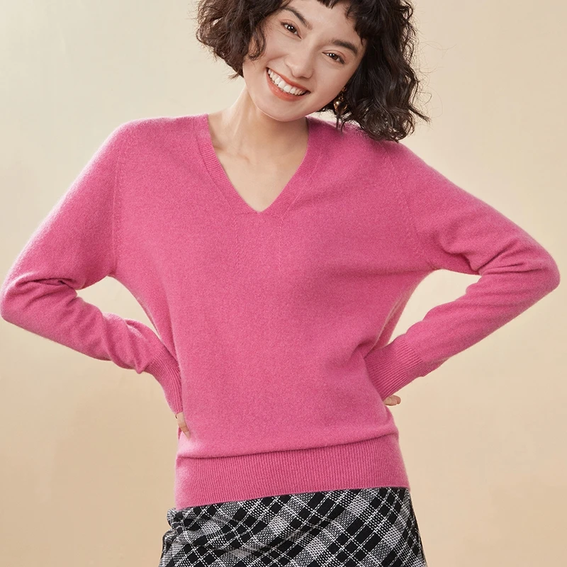

Women's 100% Cashmere Sweater V-neck Long Sleeve Pullover Spring/Autumn New Female Cashmere Knitwear Tops Basic Women's Clothing