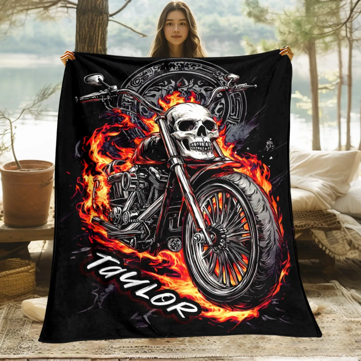 1pc a Viking-Themed Motorcycle And Skeletons Custom Name Portable Blanket - a Lightweight Bedding Option Ideal for Travel, Campi