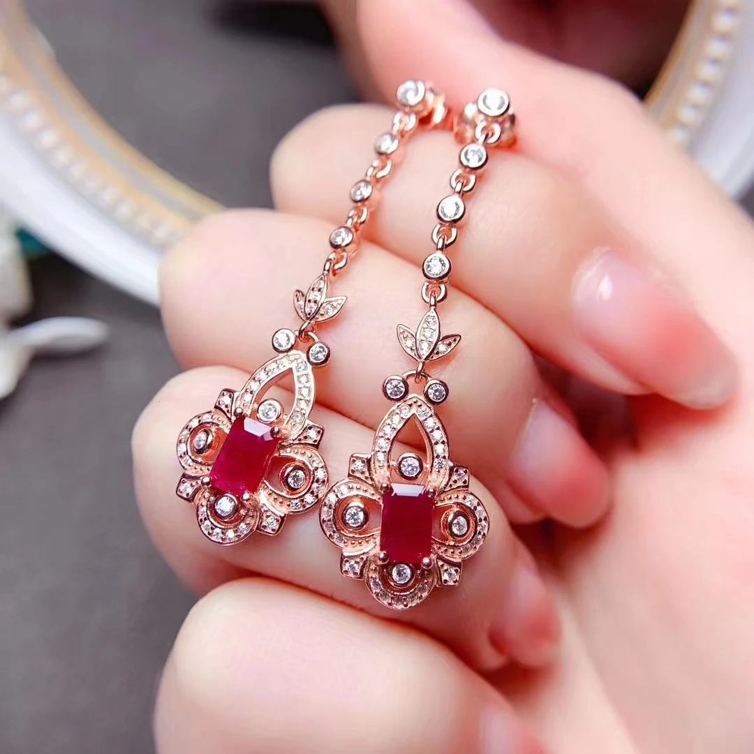 MeiBaPJ Pure Natural Unburned Ruby Flower Long Drop Earrings Real 925 Silver Red Stone Earrings Fine Charm Jewelry for Women