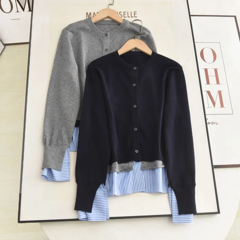 プレッピー スレ ストライプ スプライシング フェイク ツーピース トップ トレンディ 若々しい ロイヤル ブルー カラー レディース ニットウェア 秋の新作