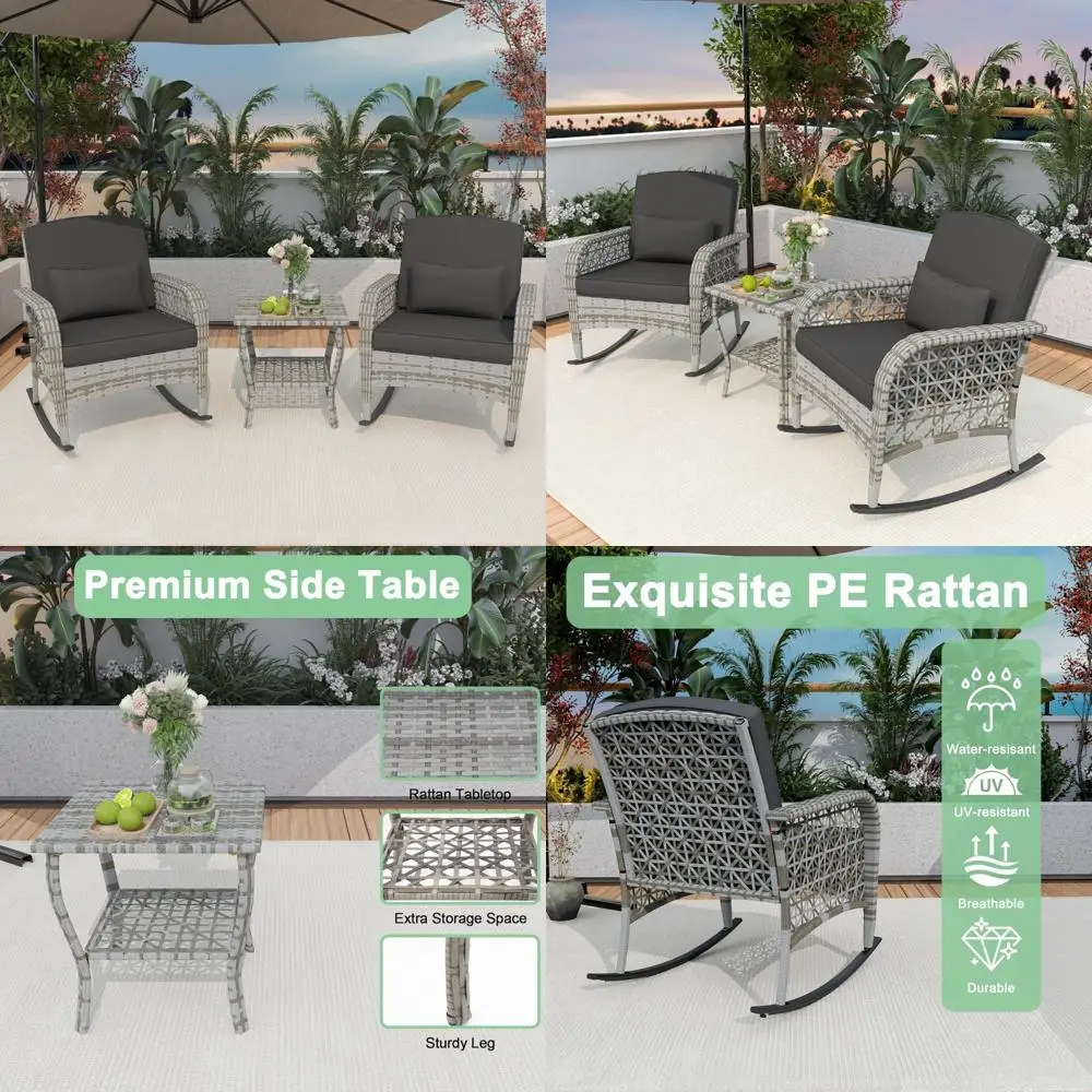 

3-Piece Outdoor Furniture Set: Rocking Chairs Pair and Wicker Chairs with Glass Table