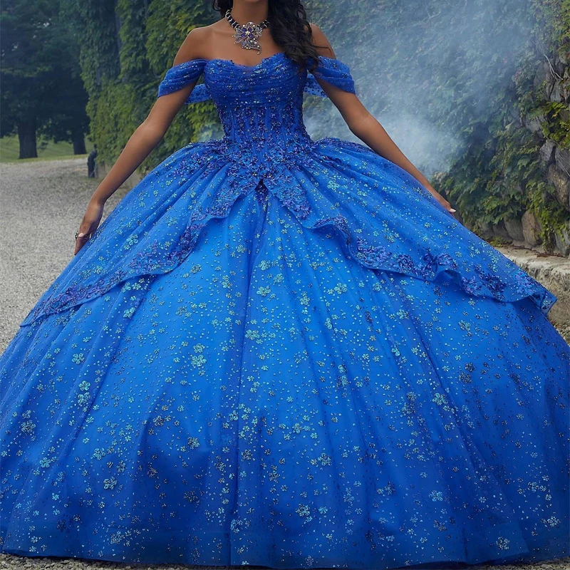 Royal Blue Shiny Quinceanera Dresses 2024 Beaded Sequined Lace Appliques Sweet 16 Dress Ball Gown vestidos de 15 años