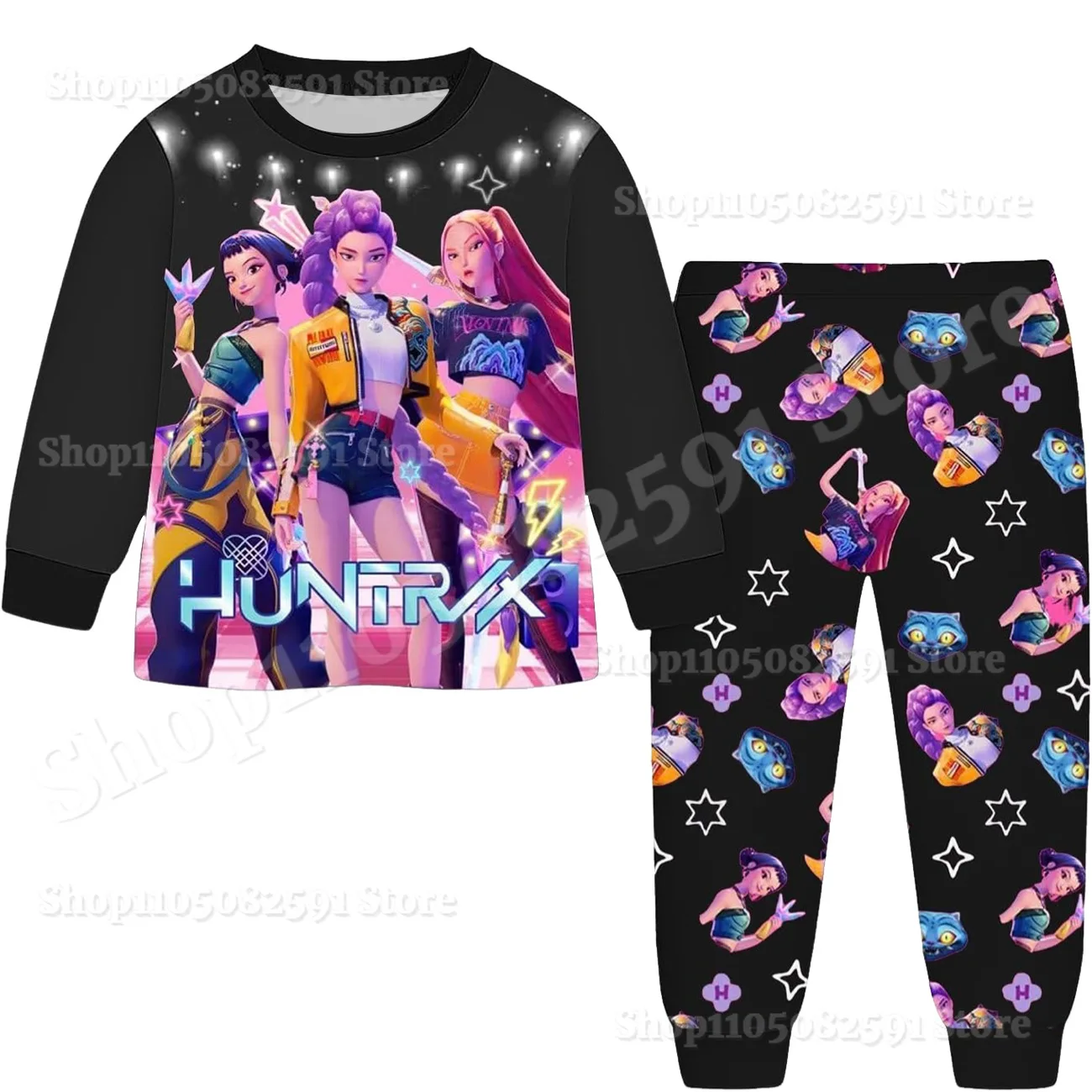 

K-pop Anime Demon Hunters Zoey Costume Autumn Pajamas for Children's Clothing 3-14Years Kids Huntrix Rumi Girls Tshirt Pants Set