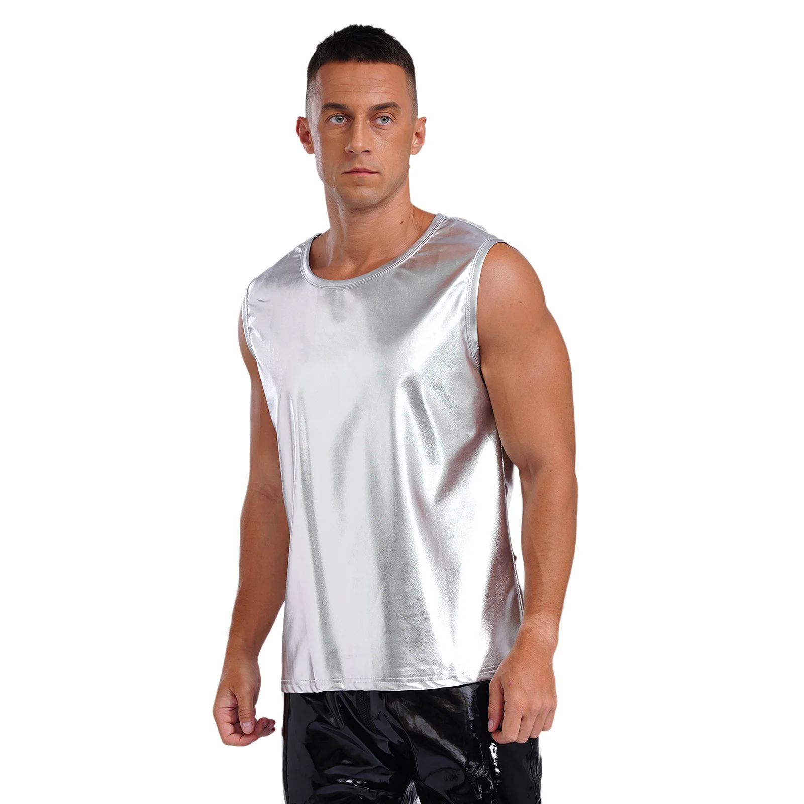 ผู้ชาย SHINY METALLIC Tank Top 70s DISCO Dance PARTY Clubwear เสื้อกั๊กเสื้อไนท์คลับเสื้อกล้าม TOP ชุดแฟนซีเครื่องแต่งกาย