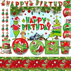 Christmas Grinchs Green Pullover Theme Birthday Party Jednorazowa zastawa stołowa Talerz Balon Baner Tło Dekoracja Materiały eksploatacyjne