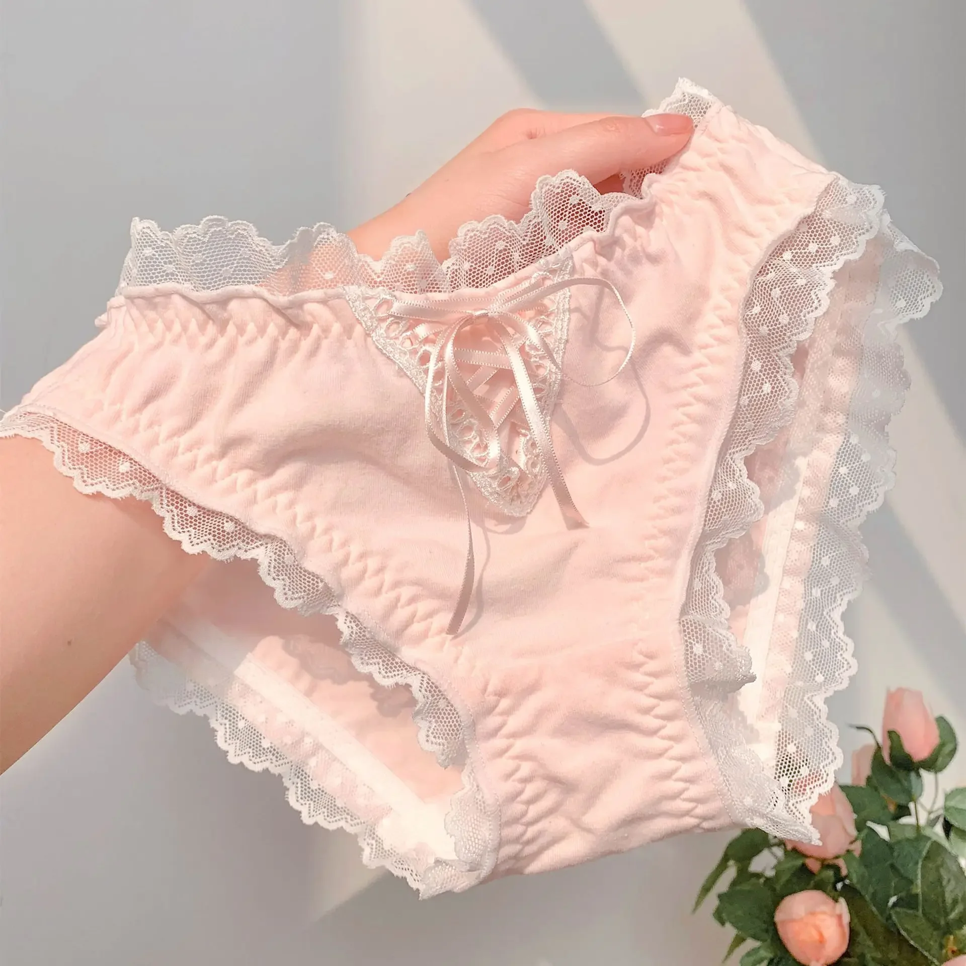 Ladies Sexy Lace Tie Bow Pink College Style Sweet Lolita Pure Desire Cotton Panties Women\'s Dress Fashion Breathable Wave Dots